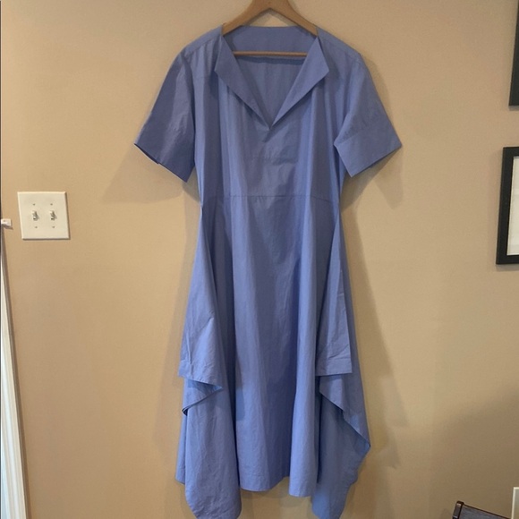 DEVEAUX- Octavia Cotton Poplin Wide Midi Dress In Blue - Picture 4 of 11